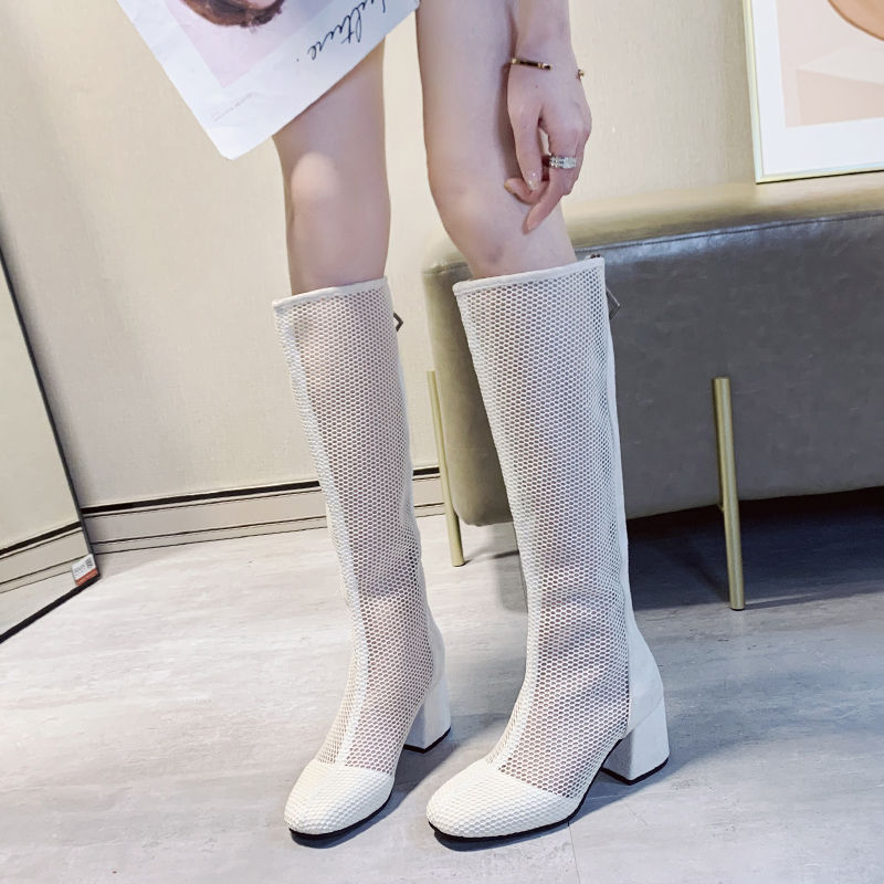 femmes genou haute maille sandales bottes mi talon femme Sexy gladiateur chaussures été botte évider noir pour femme Beige