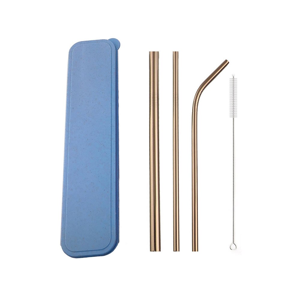 Metallinen juomapillisarja ruostumaton teräspilli 1pc söpöä sinistä laatikkopakkausta 3pc uudelleenkäytettävien pillien puhdistusharja juhlabaarille: Musta 215 x 12mm