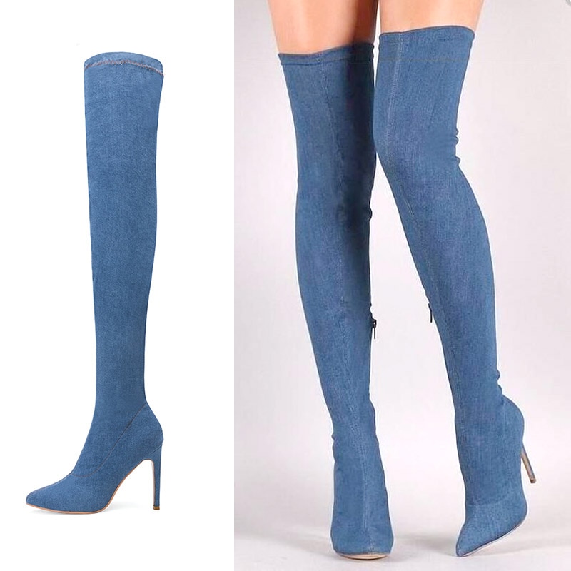 Plus size Women elastic denim jean boots thigh high boots knee high boots cowboy boots for Women High Heels botas mujer 7648