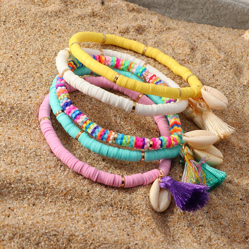 Bohemian Etnische Shell Kwastje Hangers Armband Voor Vrouwen Kleurrijke Polymeer Klei Discs Armband Party Hand Sieraden