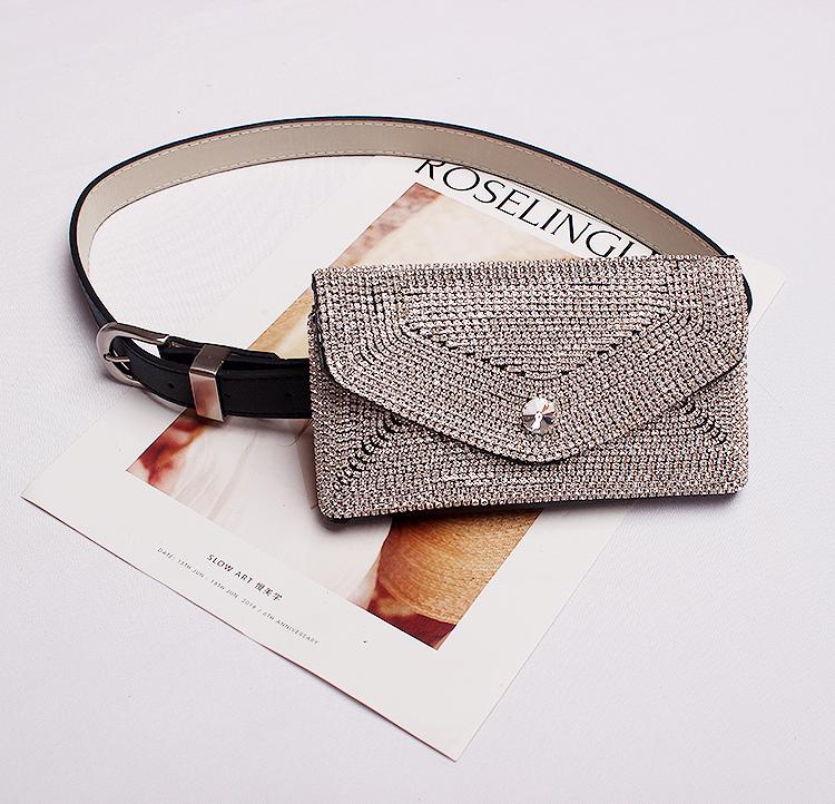 Nuovo Sacchetto della Vita di Modo di Scintillio Pieno di Diamanti Scuro Buckle Pu Cintura In Pelle Tasche Cinghia Delle Signore Dual-utilizzare Tre Opzionale sacchetto di marea 729: C