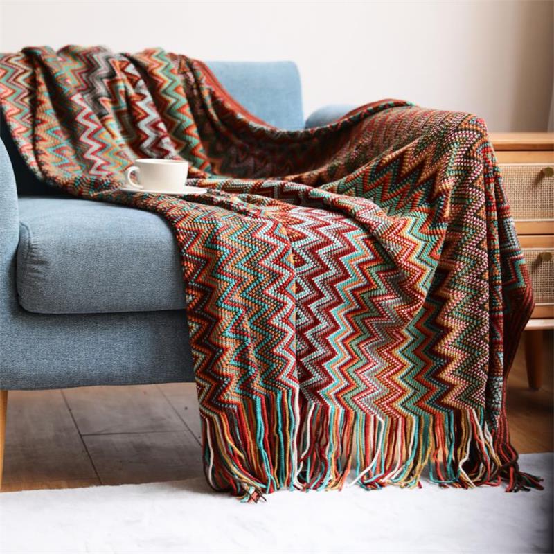 Boheme akryl strikket stribet tæppe blødt plaid tæppe sofa dekorative tæpper med kvast tæpper til sengetæppe: Rød / 130 x 200cm