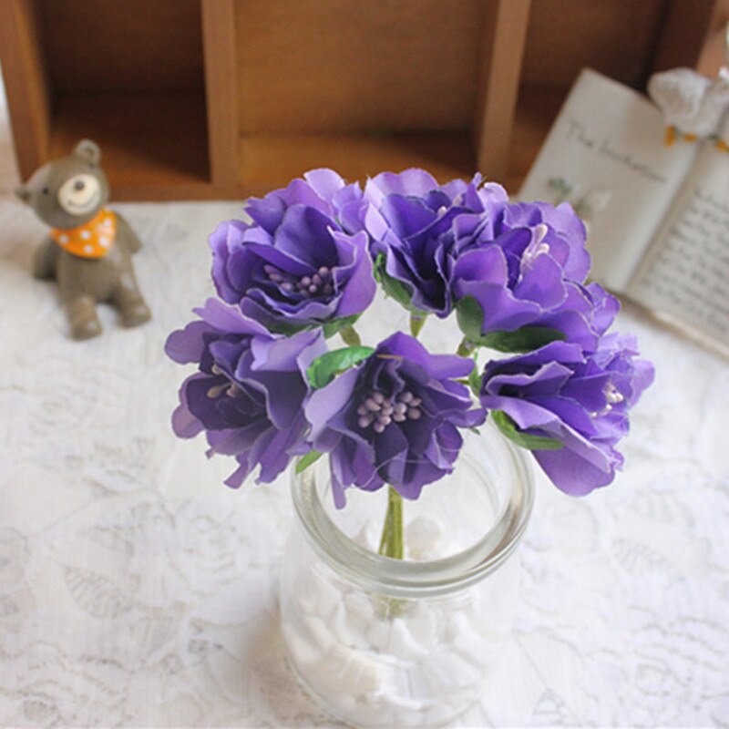 Mini Bouquet artificiel en soie rose 6 pièces/lot | Fleurs en papier pour décoration de mariage, fleurs pour Scrapbooking, boule de fleurs bricolage bon marché: purple