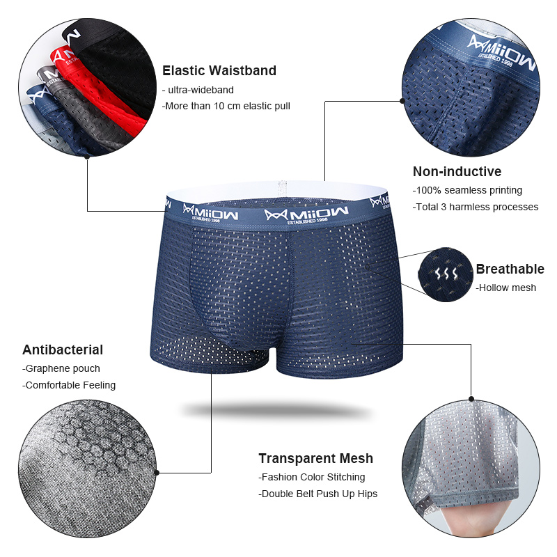 MiiOW 3 Stuks Sexy Mesh Mannen Boxer Ondergoed Grafeen Antibacteriële Mannelijke Slipje Ijs Zijde Onderbroek Ademend 4XL Boxershort 2022