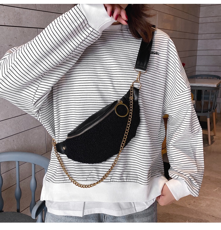 Women Waist Bag Woolen Chest Bag Chain Shoulder Crossbody Bag Banana Bag Belt Bags Phone Purse