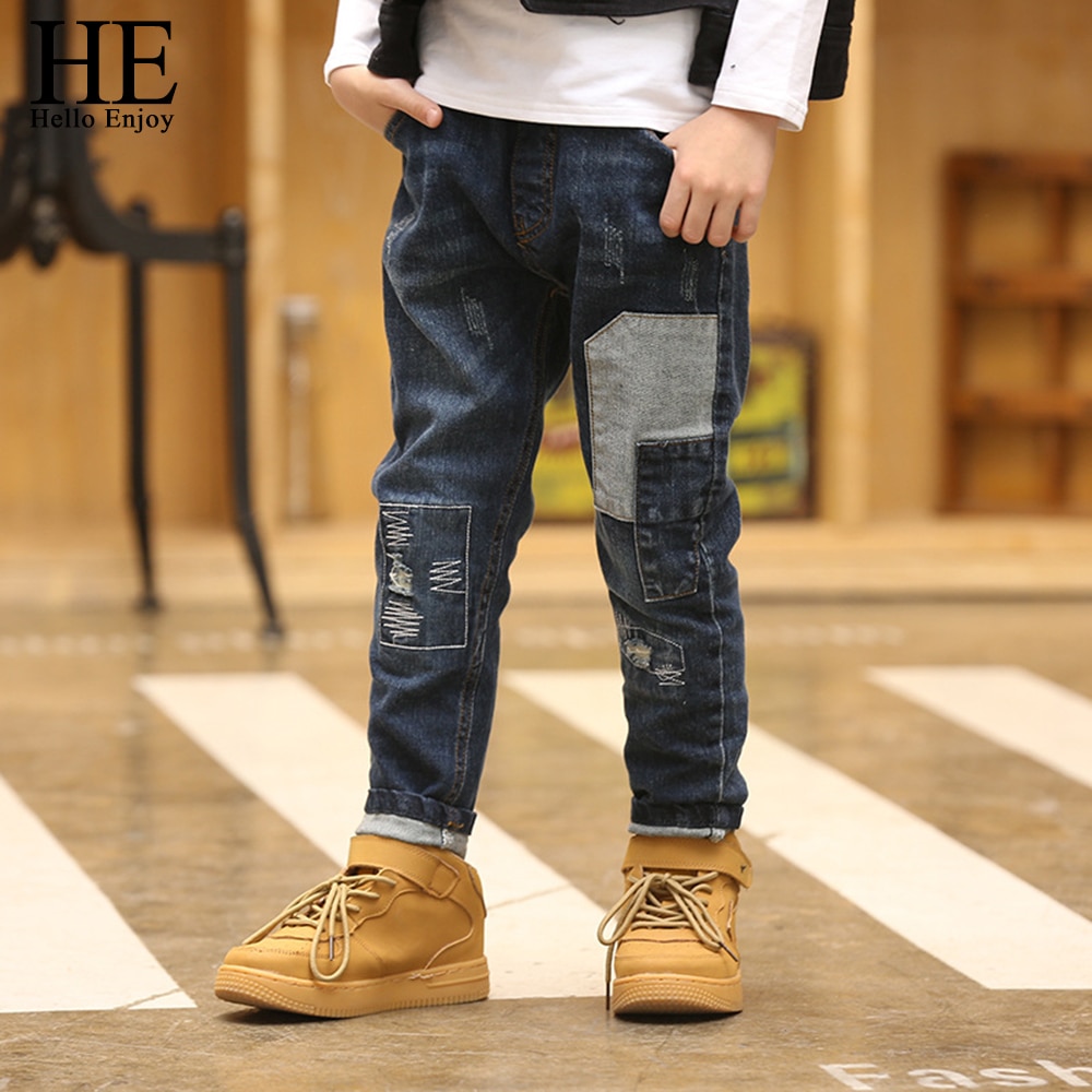 He hej njut pojkar byxor byxor barn jeans pojkar barn vår höst tonårspojkar jeans jeans lapptäcke skinny 12 år