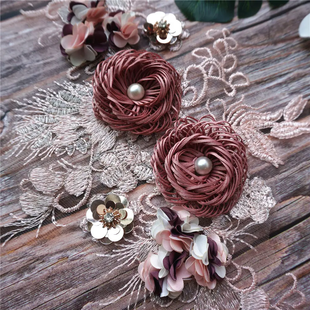 Rosa 3d flor tecido de renda contas lantejoulas bordado vestido de casamento apliques colarinho malha costurar remendos para vestido decoração diy