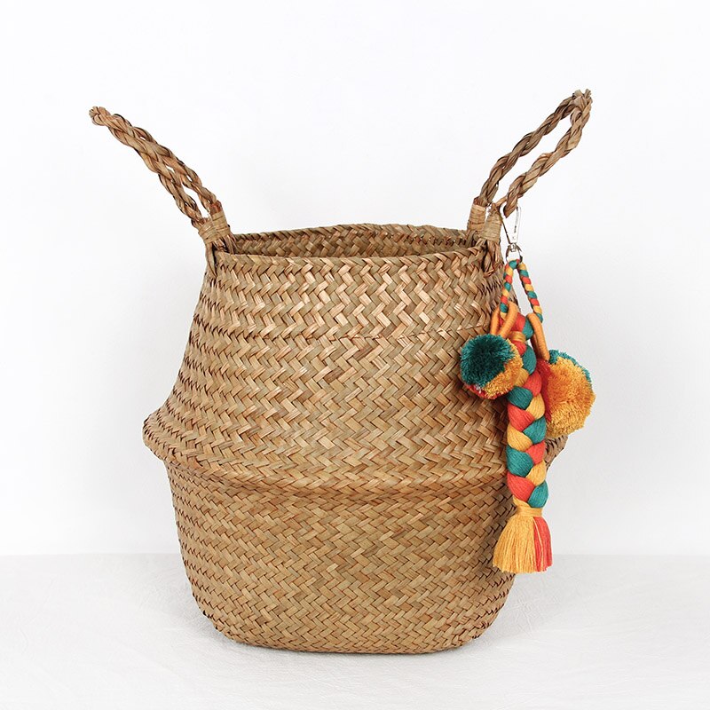 Vævet multifunktionel håndtaske flet kurv søgræs vasketøjskurv naturlig rattan blomsterkurv vase plantehave potte: D