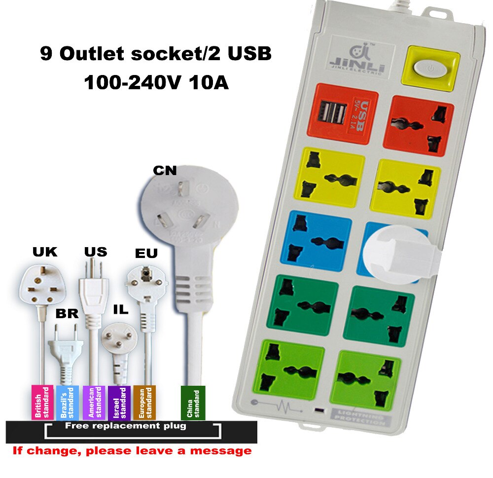 AU EU US 100~240v 10A Surge Protected 9 Outlet & 2 USB electric switch and socket