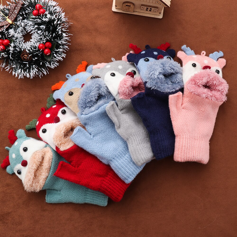3-7 Year Old Kids Knitted Mittens Children Cute Deer Plus Velvet Padded Gloves Cartoon Kindergarten Clamshell Fingerless Gloves