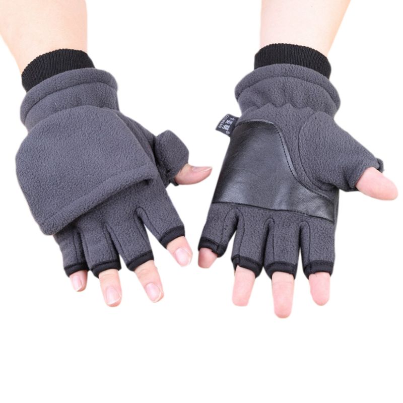 Gants demi-doigts en polaire | Hiver pour hommes et femmes, Double couche épaisse écran tactile, mitaines convertibles sans doigts: Female gray