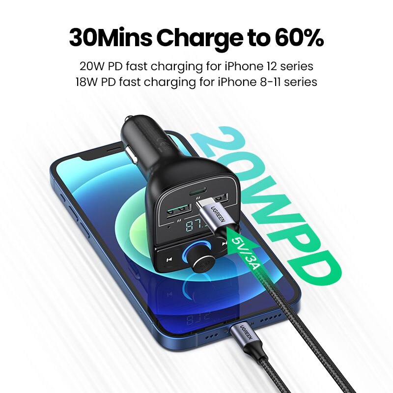 Ugreen bluetooth fm transmitter nabíjačka do auta pre iphone 13 qc 3.0 bluetooth 4.2 bezdrôtový rádiový adaptér dual usb rýchla autonabíjačka