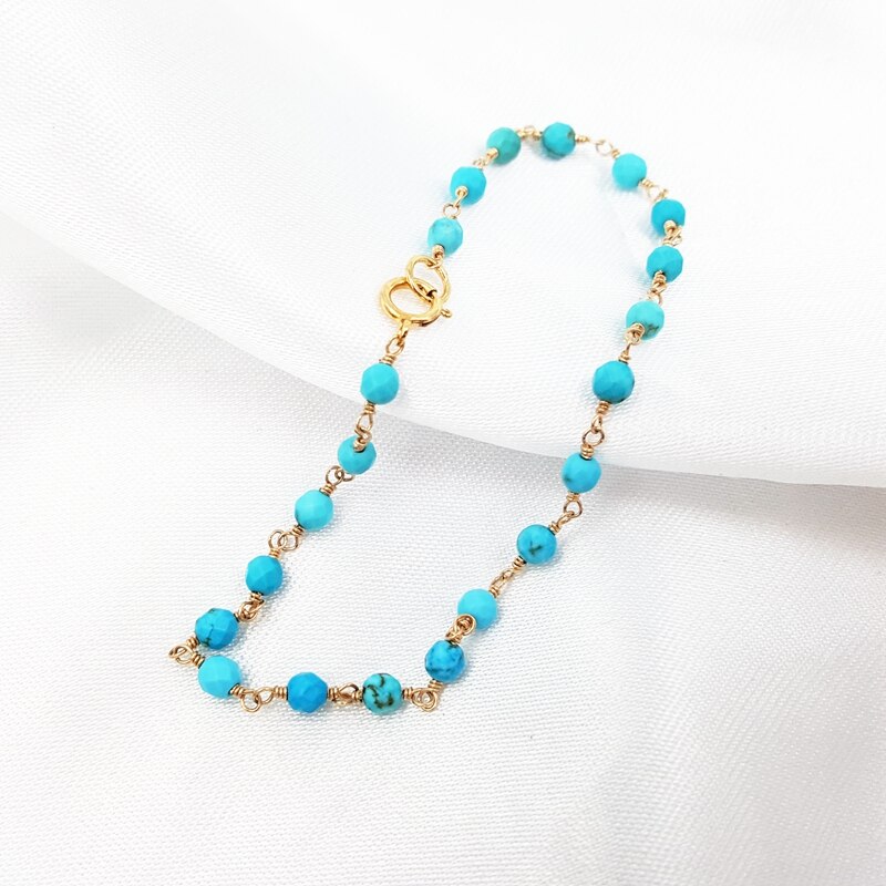 Giglio Gioielli di Tacchino Blu Turchese 3 millimetri Braccialetto Sfaccettato Beads wire wrap 925 sterling argento Fatti A Mano di Lavoro A Maglia Braccialetto Brillante