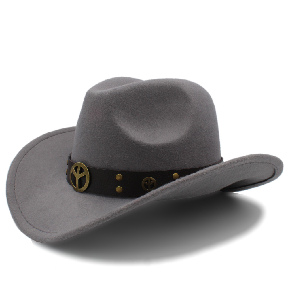 Men Wool Hollow Western Cowboy Hat for Gentleman Cowgirl Jazz Equestrian Sombrero Hombre Cap Size 56-58cm: Gray