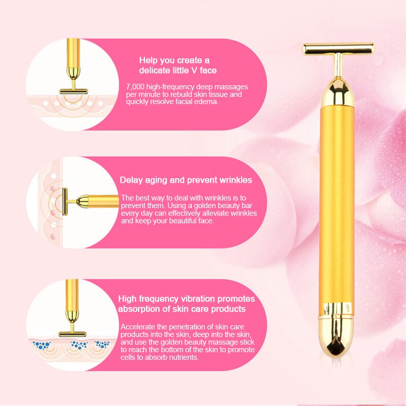 Rouleau électrique de Massage du visage, barre de beauté en or 24K, bâton de soins du visage vibrant et étanche
