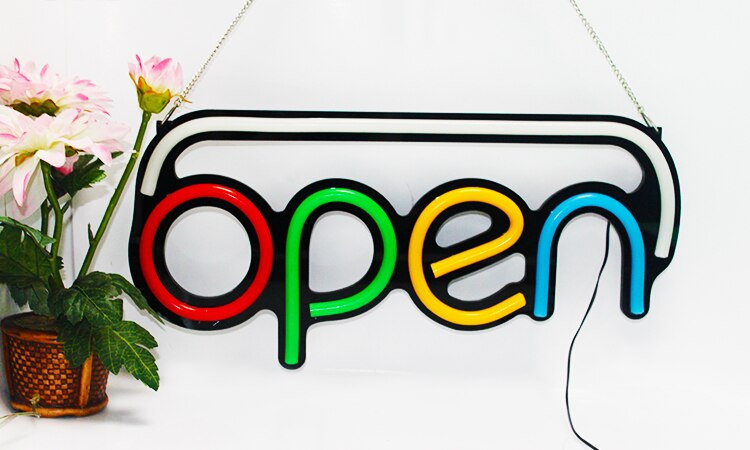 Letreros abiertos de neón para tienda de negocios, letreros de estilo abierto con 4 letras de color y blanco/flahing LED de borde, , 5 uds./cartón: White arc RGYB OPEN