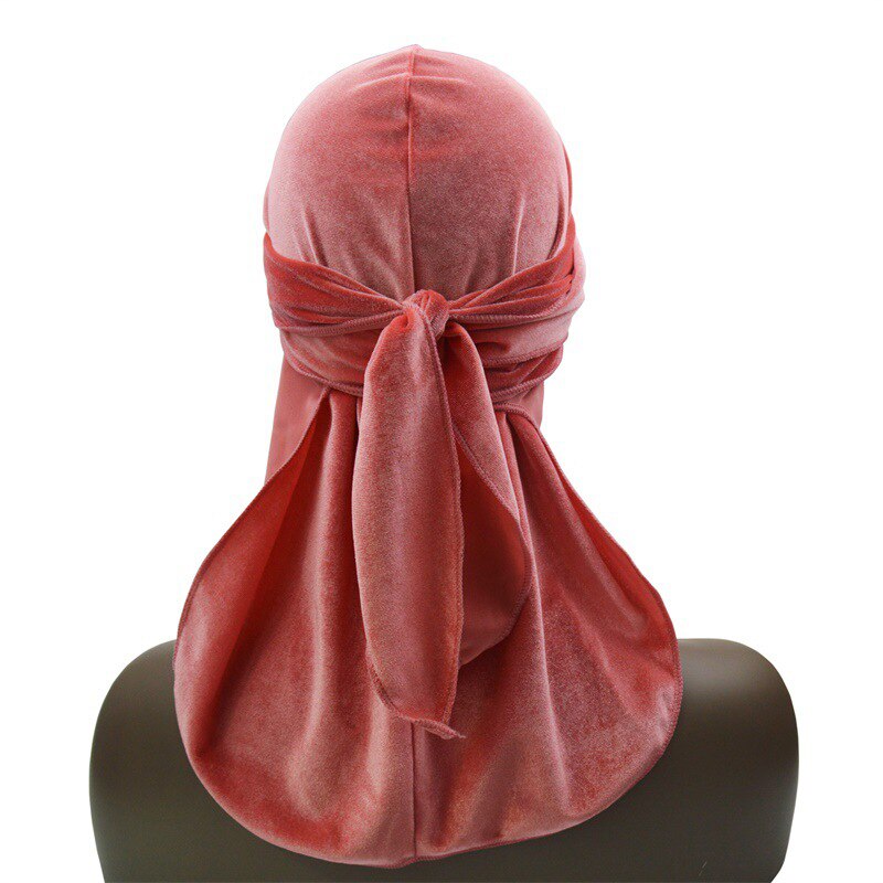Mannen Fluwelen Lange Staart Durag Hip Hop Tulband Ademend Bandana Hoed Fluwelen Zijdeachtig Satijn Durag Doen Doo Du Rag Lange staart Headwrap: peach