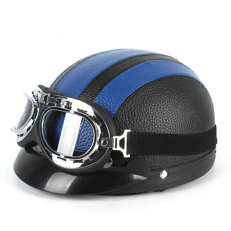 Classic Stripe Motorcycle Safety Helmet Men Women PU Leather Vintage Motor Electric Scooter Goggles Half Helmets