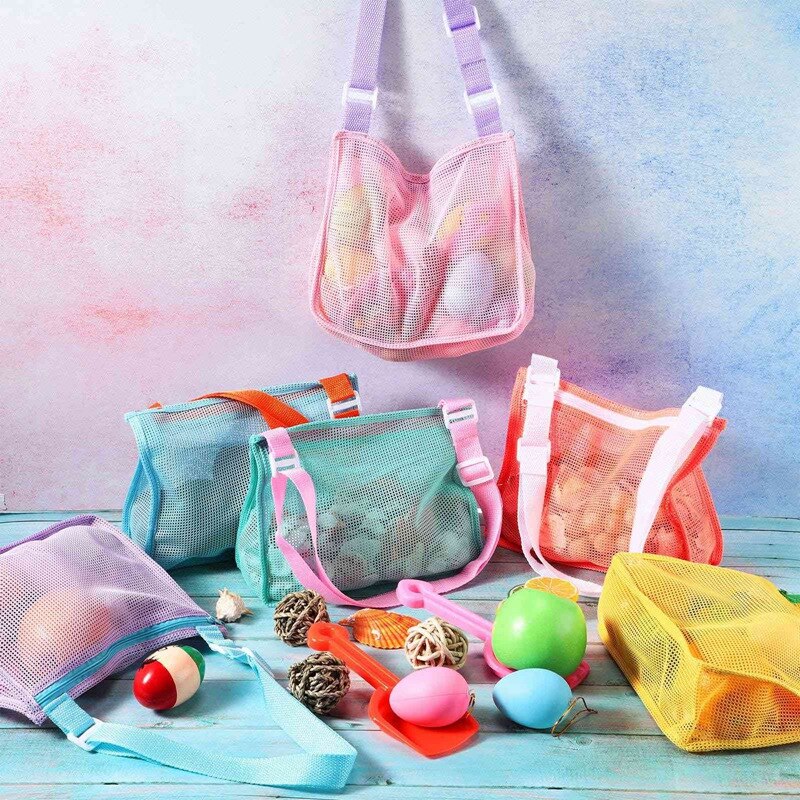 6 Pieces Kids Shell Bags Beach Toy Mesh Bag Colorful Beach Net Bag for Swimming Storage Boy and Girl Seashell Collection