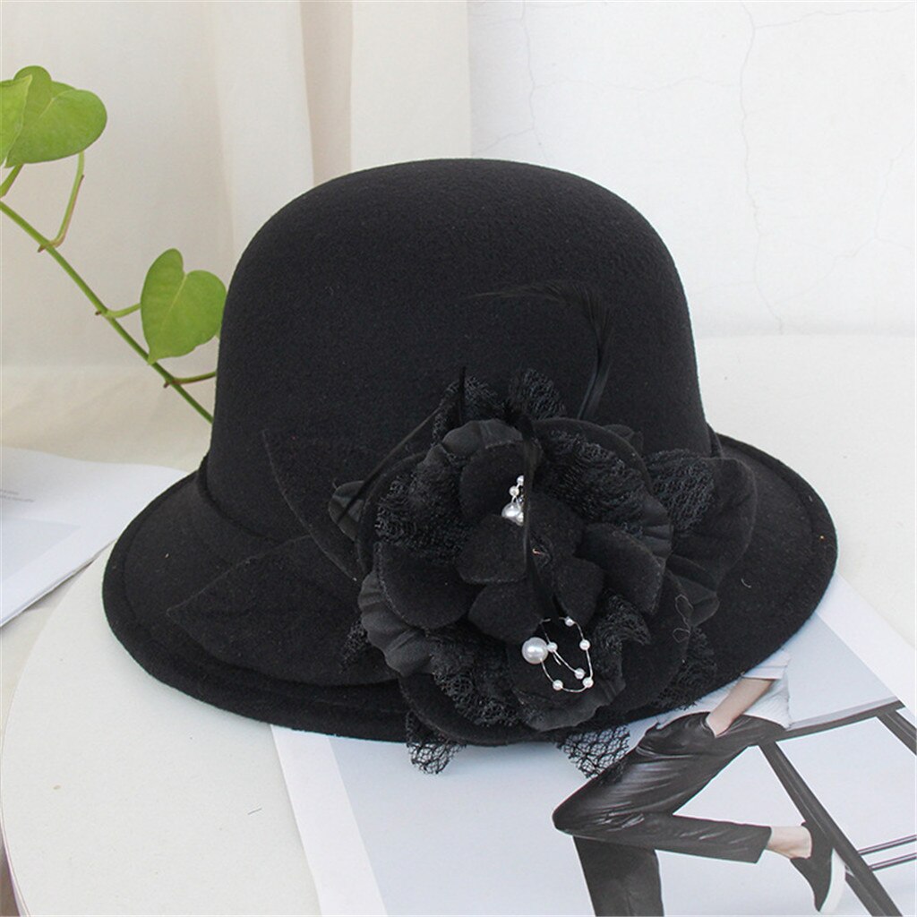 Women Flax Flower Hat Bowler Billycock Cap Sales Vintage Retro Bowler Caps Princess caps chapeau femme Hat Cap For Woman: Black 