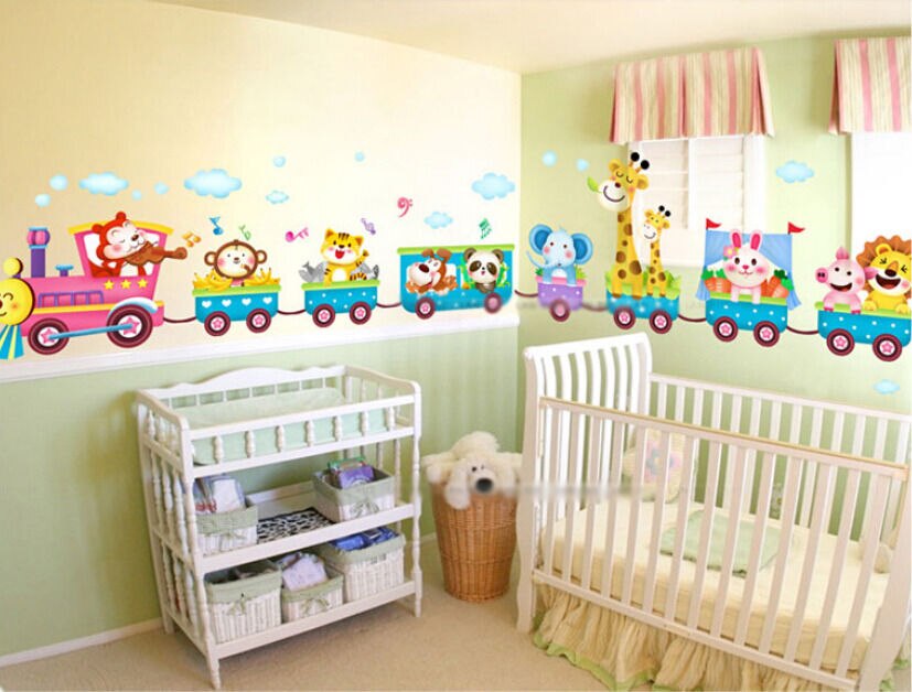 Søde dyr tog væg klistermærker mærkat vinyl kunst børn baby børnehave værelse tegneserie indretning hjem indretning