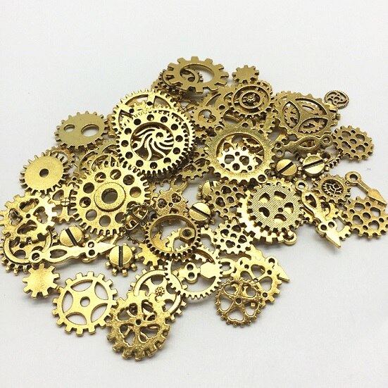 100g Metal Alloy Mixed Cogs Gears Steampunk Charms for Pendants Embellishments Antique Silver Golden and Rose Gold Color: Antique Gold