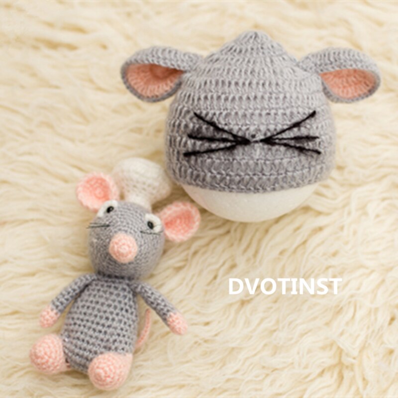 Dvotinst nyfödd baby fotografering rekvisita söt mus set hatt motorhuv docka 2 st set fotografia tillbehör studio fotograferingar foto rekvisita: Mörkgrå / 0-1 månader