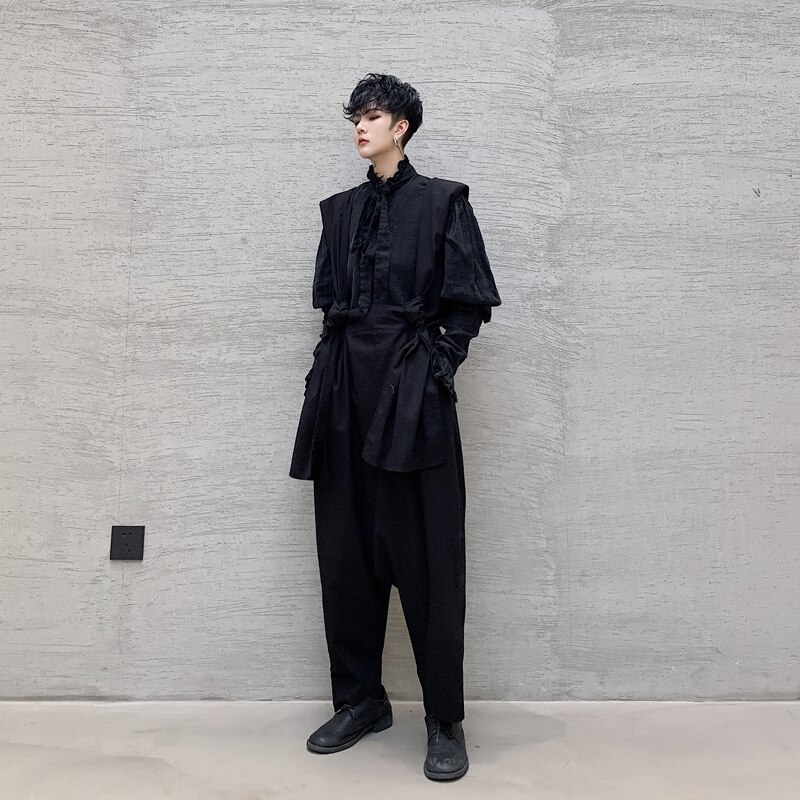 Japão homem moda feminina preto escuro streetstyle hip hop gótico tornozelo comprimento calças roupas de palco masculino solto casual harem bib pant