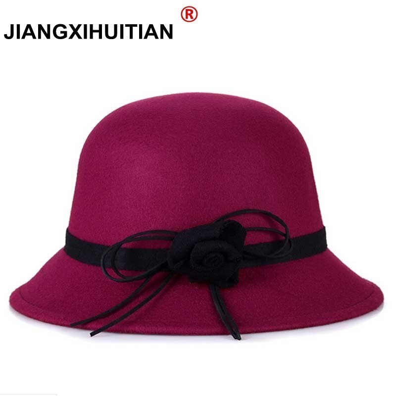 Filt imitation uld vinter efterår kvinder damer fedoras top jazz hat enkel ensfarvet bowler hatte runde kasketter