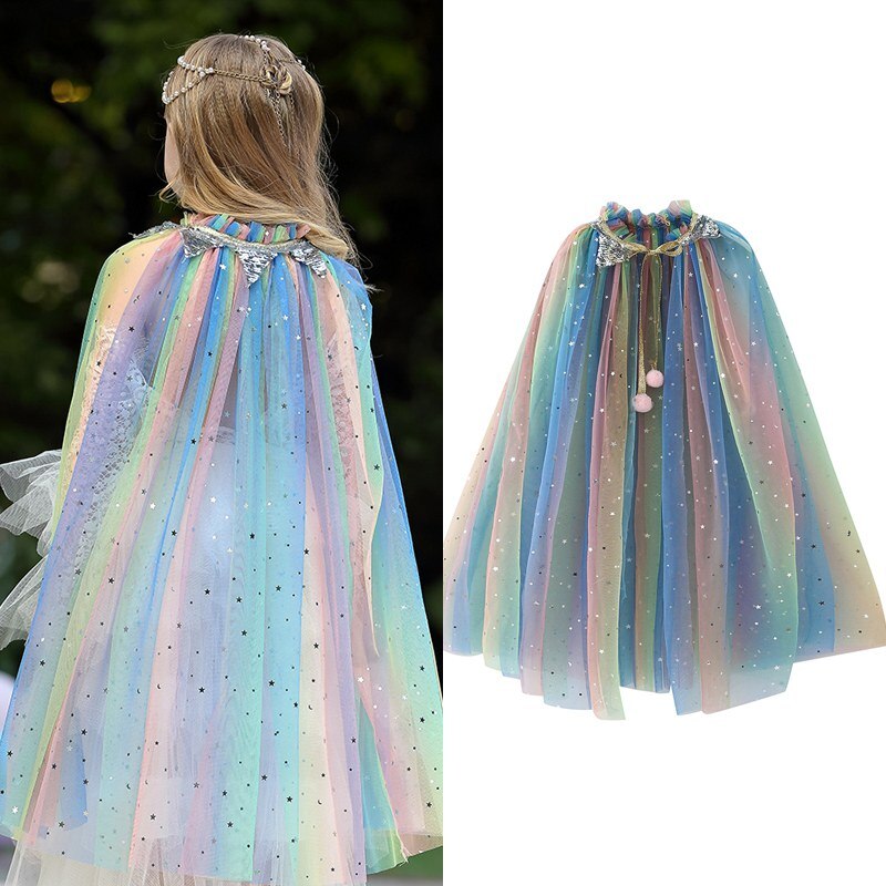 Boiiwant 4-10t pige regnbue pailletter kappe kappe kostume snoretræk tyl prinsesse sofia jasmin aurora fancy dress up kappe