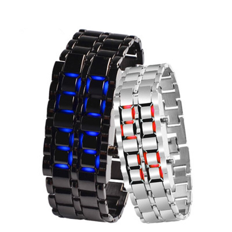 Mode LED Elektronische Horloge Roestvrij Stalen Armband Horloge Mannen Lava Iron Samurai Metal Faceless Digitale Horloges 752