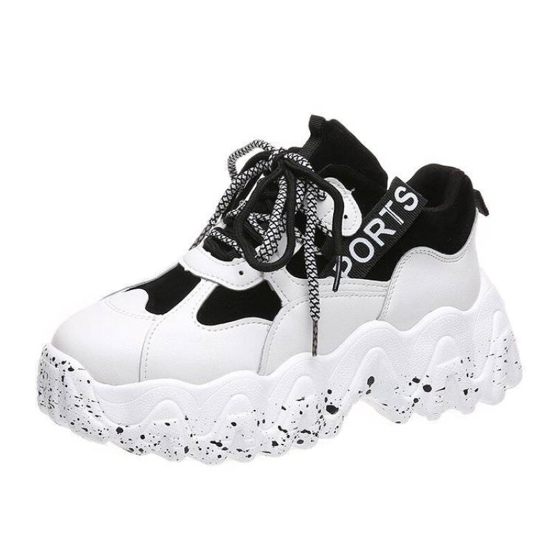 Damskie buty sportowe superfine fibre daddy shoes ins grube dno babeczki 5 kolorów opcjonalne buty do biegania z nadrukiem rozlanego atramentu trampki: black / 40