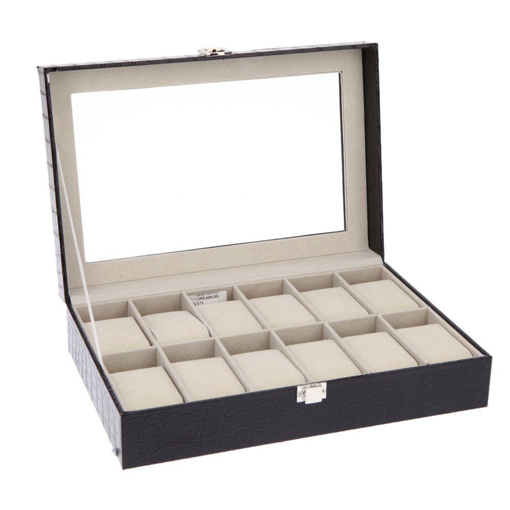 12 Gitter Leder Uhr Vitrine Schmuck Sammlung Lagerung Organizer Kasten Halfter