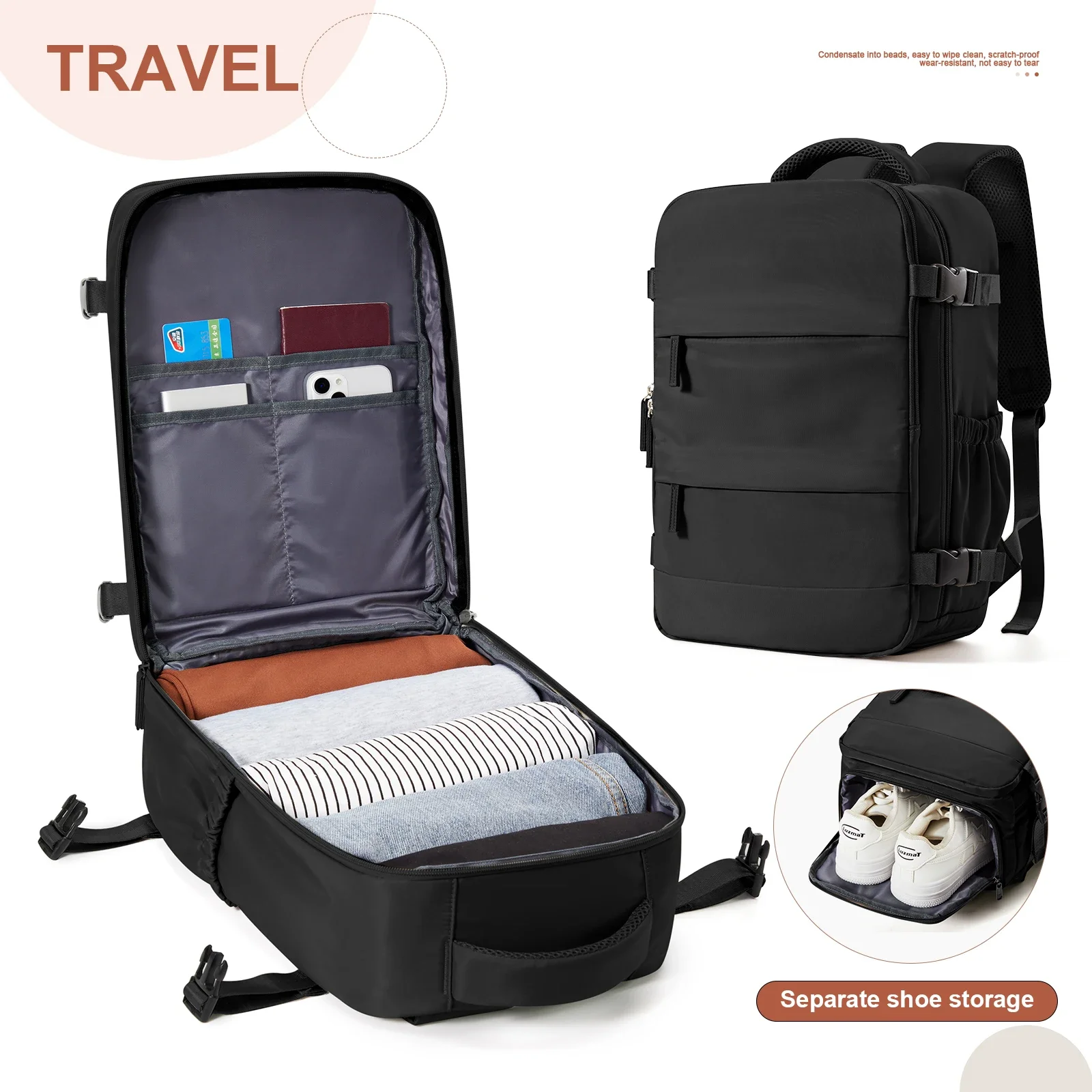 Ryanair mochila 40x20x25 cabine saco de viagem mochila para homens mulheres bagagem de mão lazer portátil mochila para viaje cabina: Preto