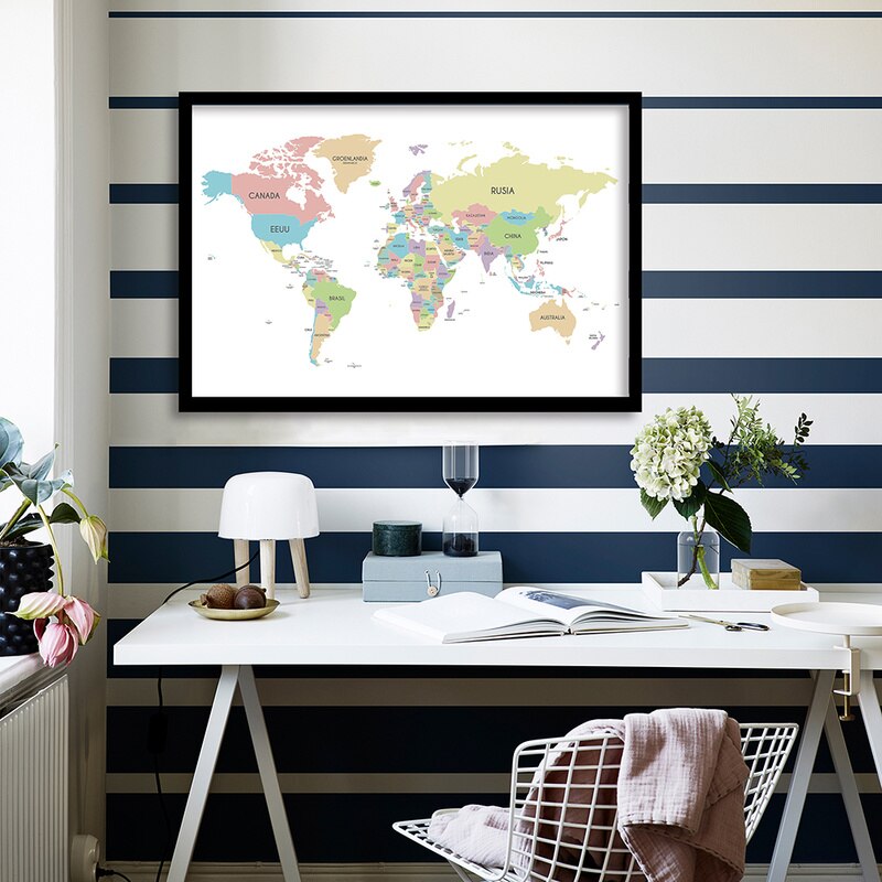 90x60cm Spanish Map of The World Canvas Painting Political Distribution Map In Spanish Poster for Home Office Decoration