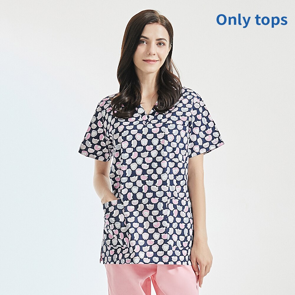 Lab cleaning job uniforms Scrubs uniform Unisex Cartoon printing scrubs tops scrubs work clothes tops/pants/set women: tops / XXL