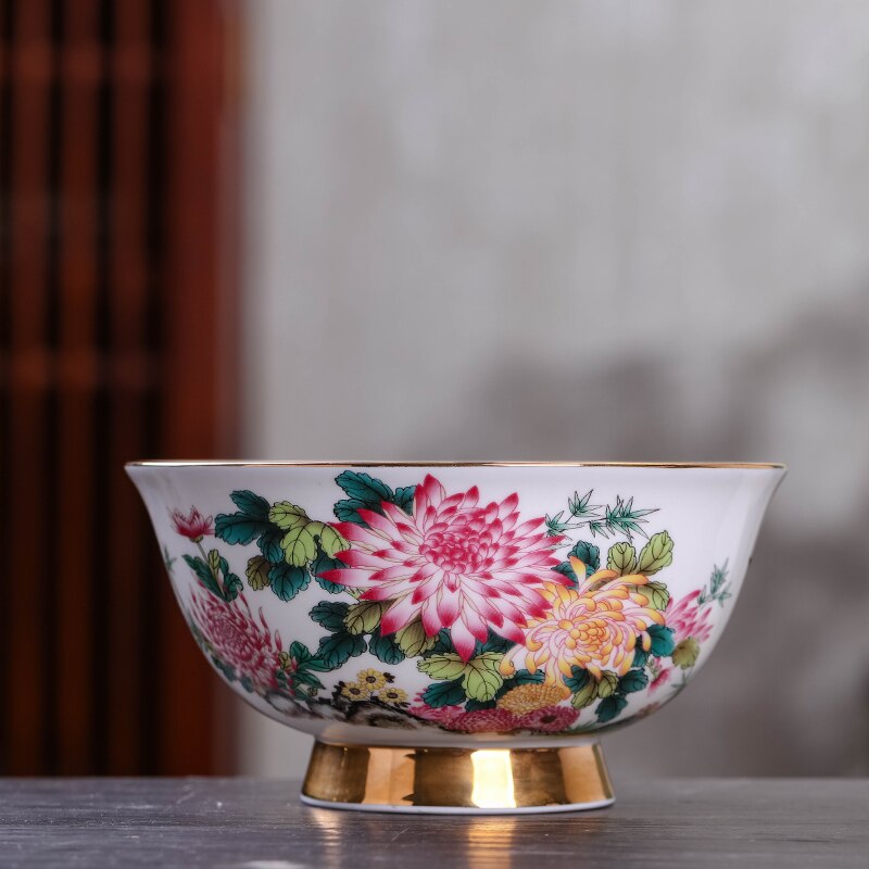 Jingdezhen Ceramic Antique Bowl Tableware Household Bowl Noodles Bowl Gold Painted Large Rice Bowl Soup Bowl High Foot Bowl