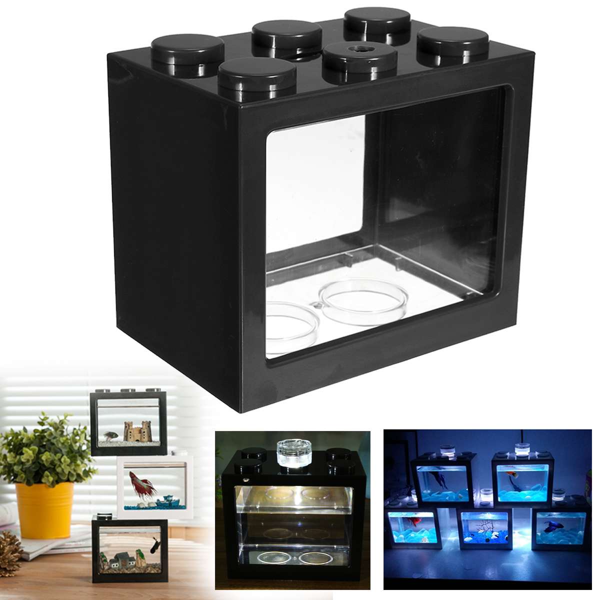 Mini acuario con luz LED para lámpara, tanque de peces Betta, cilindro de combate de peces USB, de escritorio, tazón de peces acuapónicos marinos, Fliter de agua