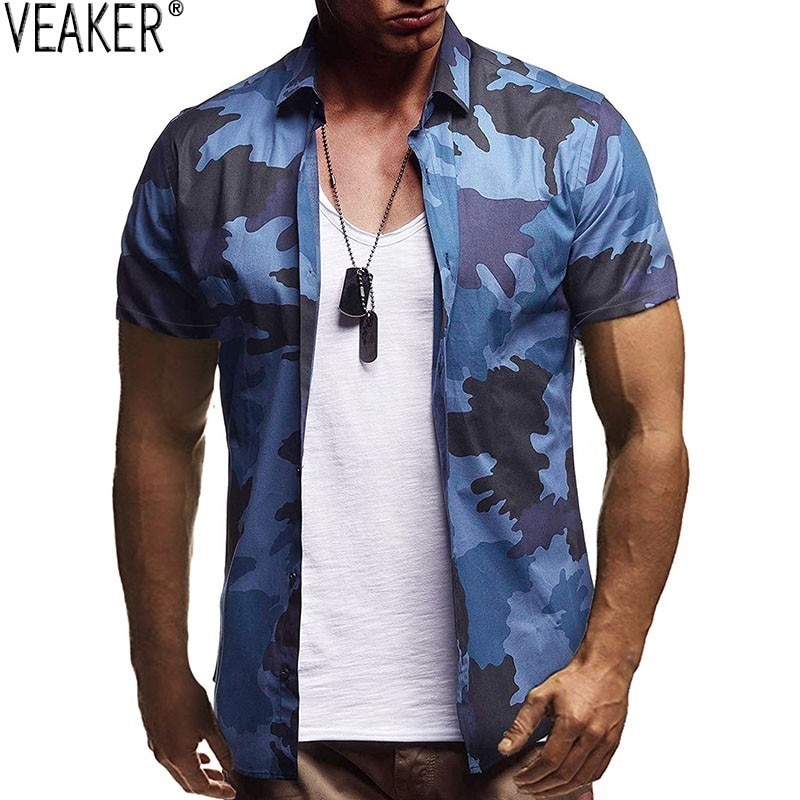 mannen Zomer Camouflage shirts Mannelijke Blauw Groen Casual Shirt tops Mannen Camo Korte Mouw Streetwear shirt M-3XL