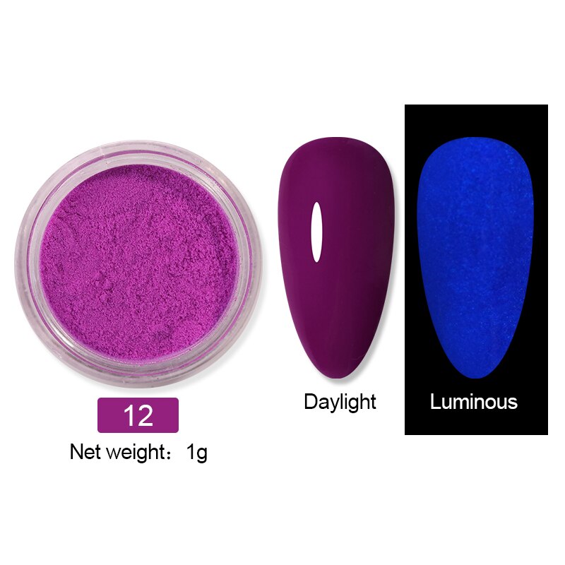 1 låda fluorescerande nagelpulver neonfosfor färgglad nagelkonst glitterpigment som håller längst 3d glödande självlysande dammdekorationer: 19