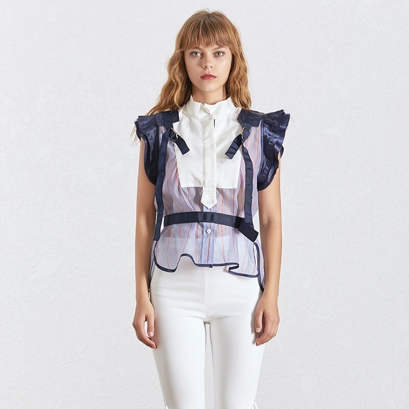 Twotwinstyle raidallinen hihaton naisten pusero seisontakaulus olkapäältä side tunika paita naisten vaatteet kesä: L