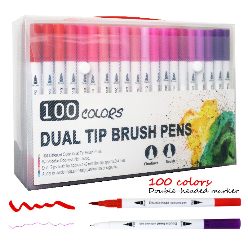 100 farver kunstmarkører dobbelt tip farvelægning pensel fin liner farve vandmarkør skoleartikler til tegning af farvebog: 100 farver hvid