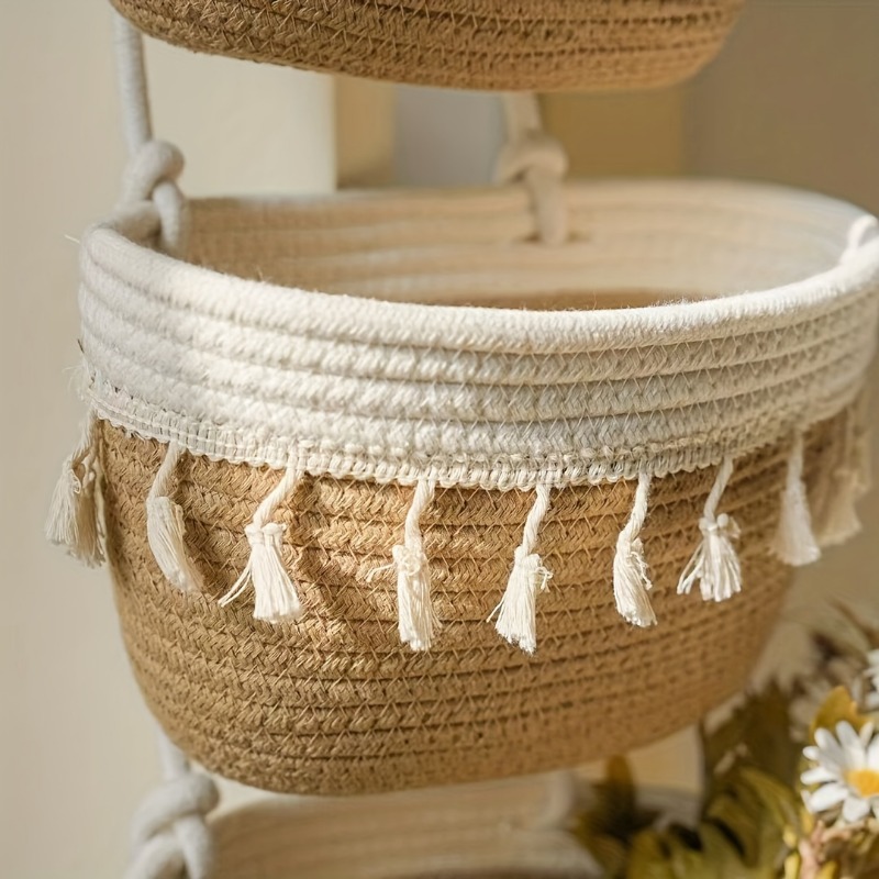 1pcs Handwoven 3-Tier Double Tassel Hanging Basket Wall-Mounted Storage Organizer Woven Basket for Bathroom Kitchen Bedroom