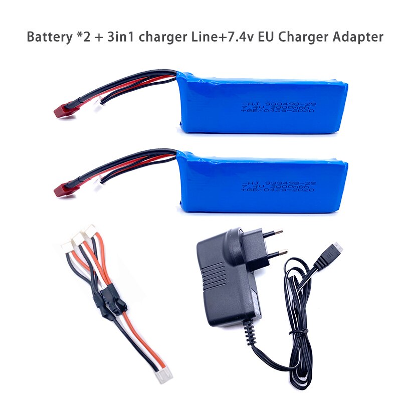 Wltoys 144001 Car 2s 7.4V 3000mAh Upgraded Lipo Battery T Plug For Wltoys 1/14 144001 RC Car Boat Lipo Battery Parts Upgraded: 2Bat3in1LineEUCH