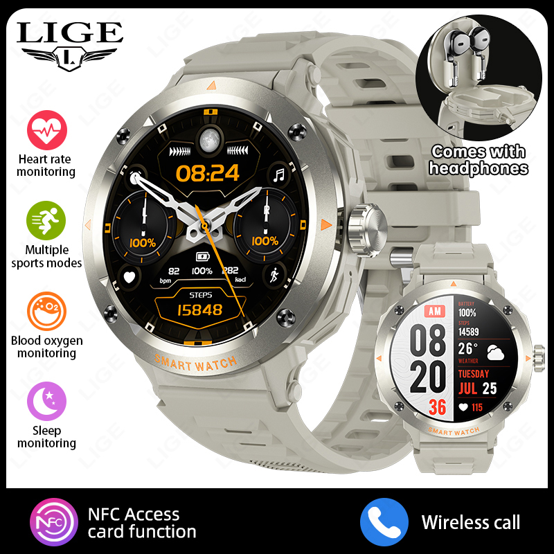 LIGE Nuovo TWS Smart Watch Auricolari incorporati Funzione scheda di accesso Frequenza cardiaca Monitoraggio della salute del sonno Cuffie Riproduzione di musica Smartwatch: nero