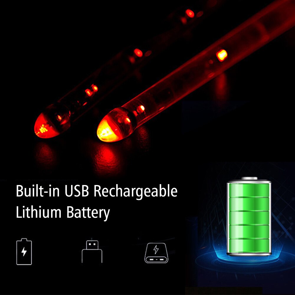Baguettes de batterie de Jazz à lumière LED, 15 dégradés, lumières colorées, chargeur USB avec interrupteur marche/arrêt