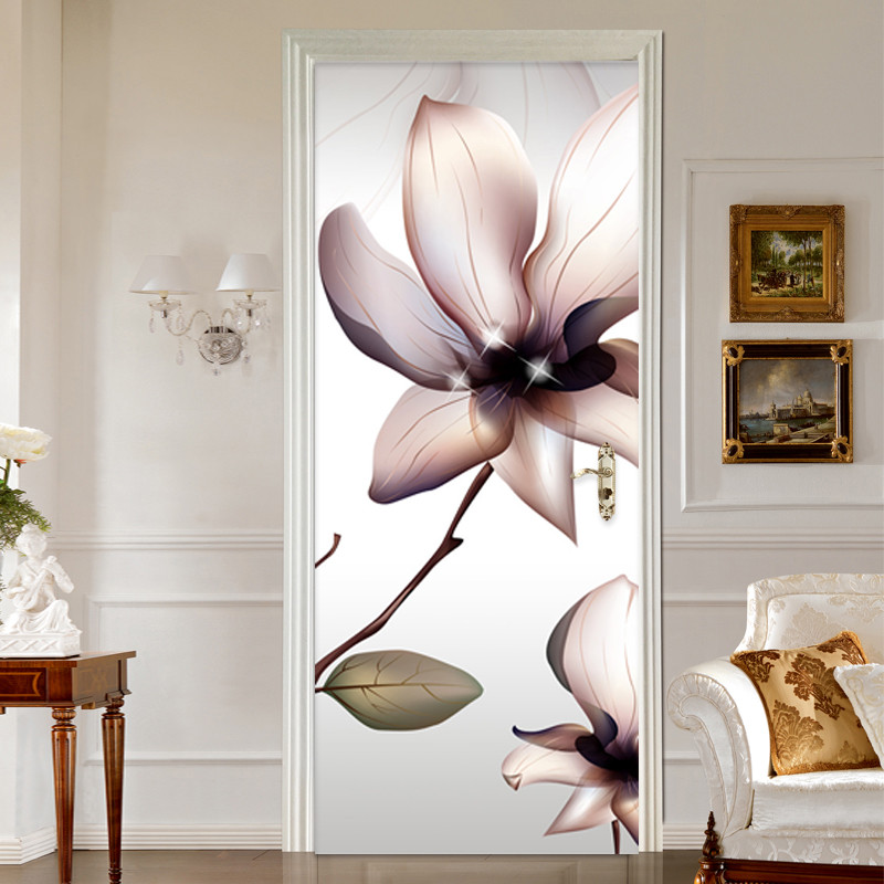 Pegatina de puerta de arte moderno, 3D papel tapiz de flores, calcomanías de pared de PVC autoadhesivas para decoración del hogar, sala de estar y dormitorio