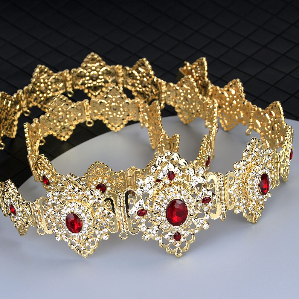Sunspicems marokkanske bryllupssmykker sæt kaftanbælte broche til kvinder guldfarve rød krystalbrud: 1820 røde