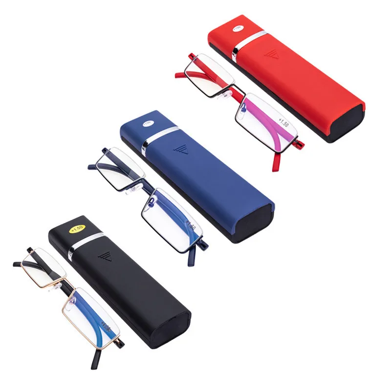 Gafas de lectura flexibles de medio marco con caja para hombres y mujeres, gafas portátiles antiazules, gafas para presbicia Unisex + 1,0 a + 4,0