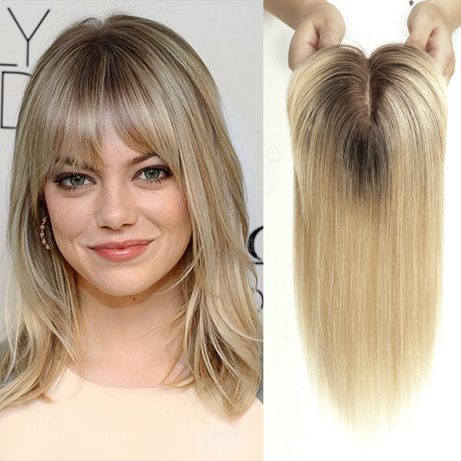 Ombre Braune Echthaar-Deckel-Perücken mit Pony, Seidenbasis-Clip-Stücke, 35,6 cm, gerade Deckel-Haare für Damen-Haarverlängerung: 8 zoll / 30R #
